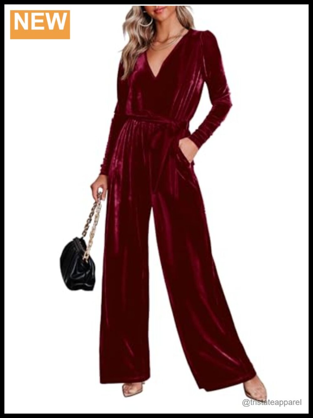 Velvet Long Sleeve Wide Leg Jumpsuit V Neck Belted One Piece with Pockets